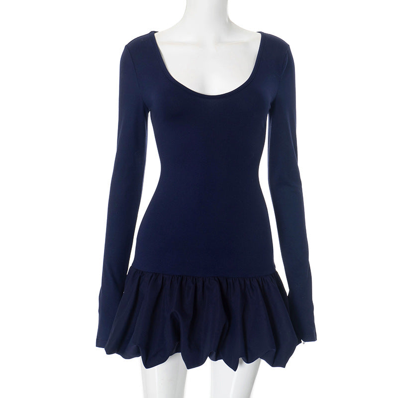 Women Clothing Trend Elegant Charming Long Sleeve V neck Short Puffy Blue