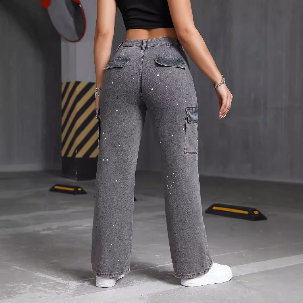 Women Summer Denim Cargo Pants Big Pocket Straight Leg Pants Street Splash Ink