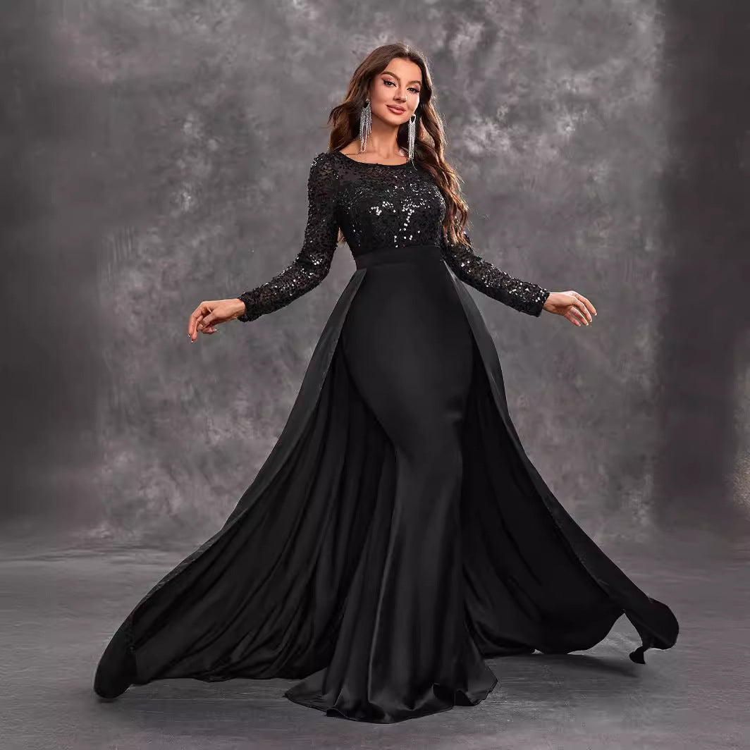 Women Prom Party Dress Sequined Long Sleeve Round Neck Sexy Elegant Black Formal Dress