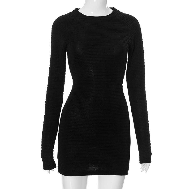 Women Clothing Autumn Solid Color Casual Round Neck Long Sleeve Pleated Slim Fit Short Dress Black