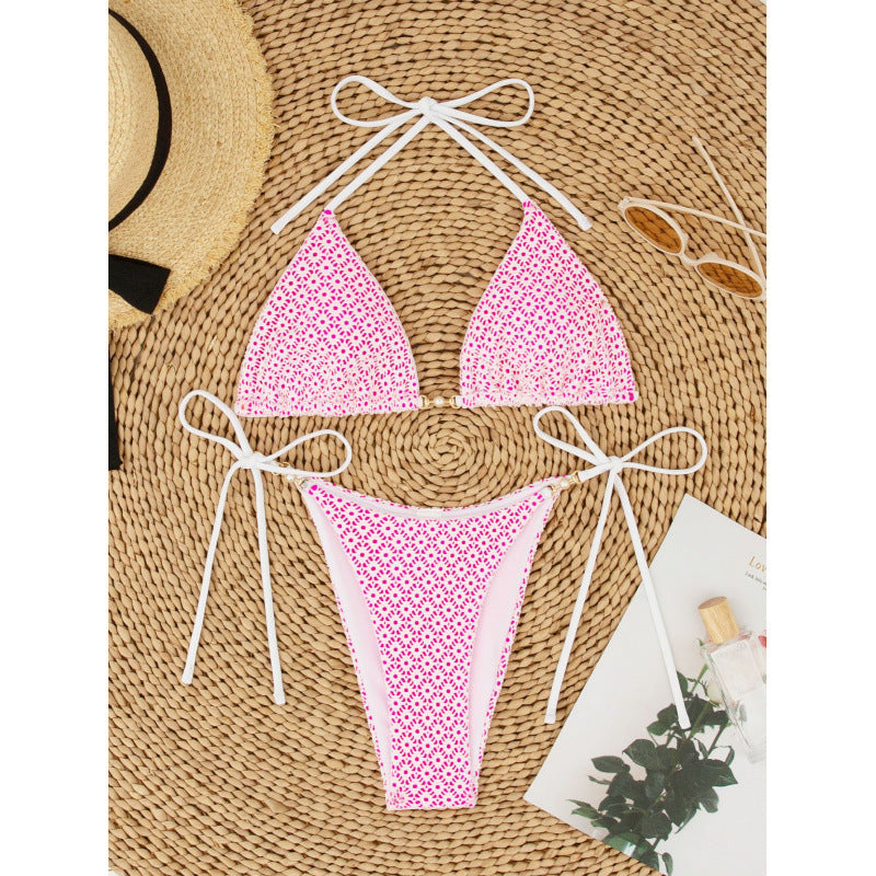 Swimsuit Women Three Point Bikini Sexy Lace Lace up Split Retro Swimsuit Pink