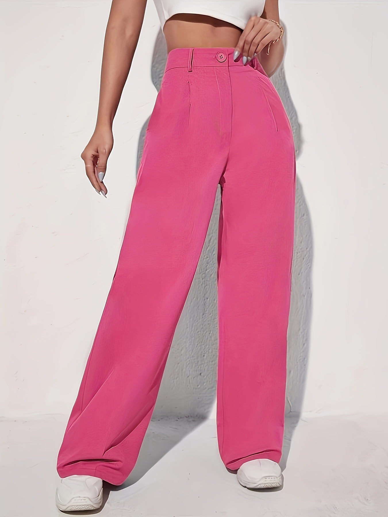 Women Elegant Solid Color High Grade Drape Casual High Waist Slim Fit Wide Leg Pants Coral Red