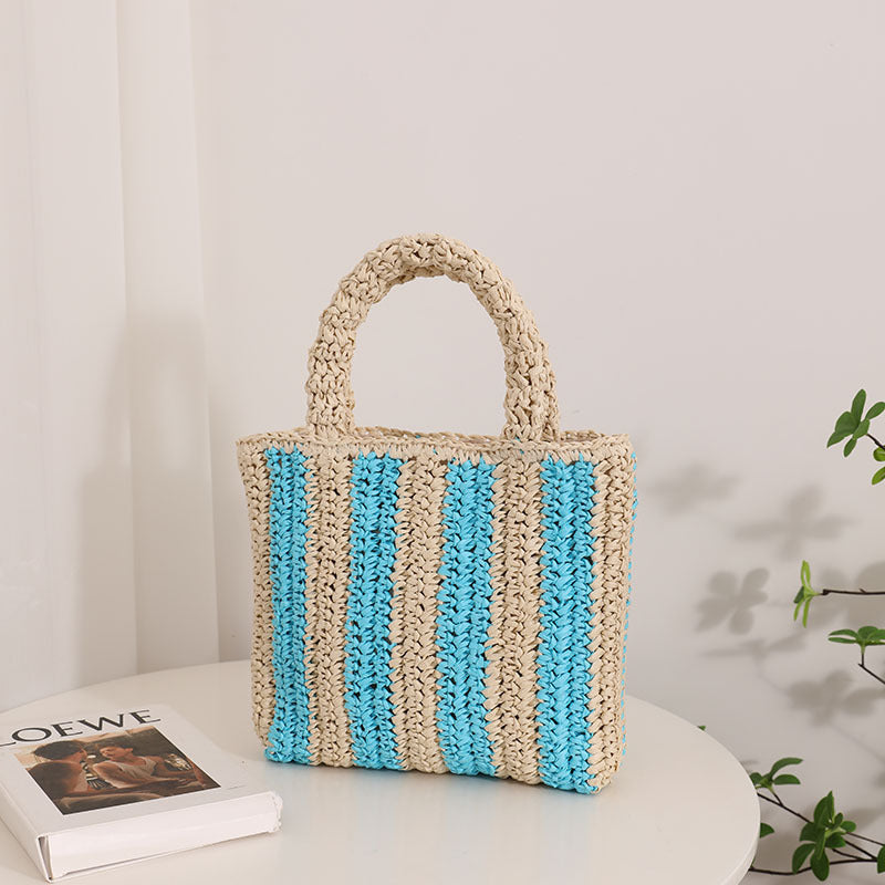 Vertical Stripes French Straw Bag Portable Contrast Color Straw Bag Woven Bag Women's Bag Seaside Vacation Beach Bag One Size Two-Color Vertical Stripes Blue Small