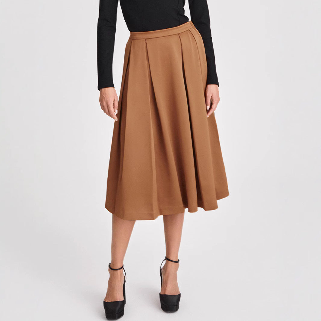 Women Clothing Autumn Winter Pleated Skirt High Waist Zipper Large Swing Skirt Elegant Midi Skirt