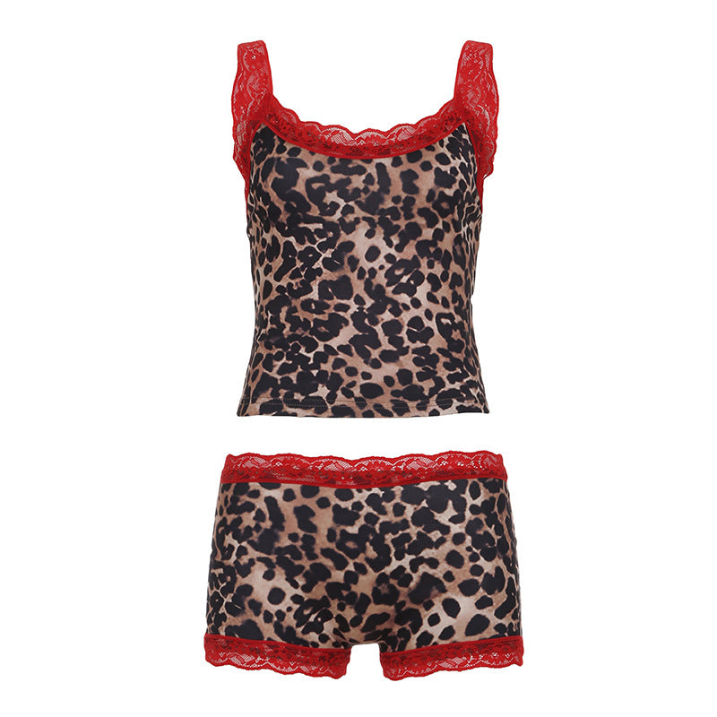 Women Clothing Leopard Print Sexy Lace Lace Spaghetti Strap Top Shorts Suit Pajamas Home Wear Multi