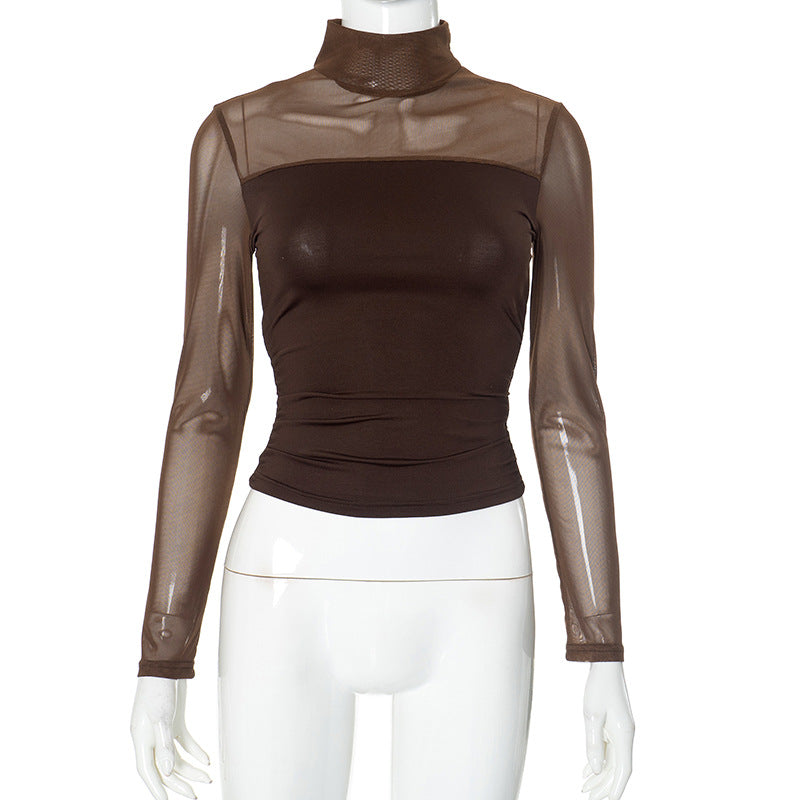 Women Clothing Turtleneck Mesh Stitching Long Sleeve Sexy See through Short Top Brown