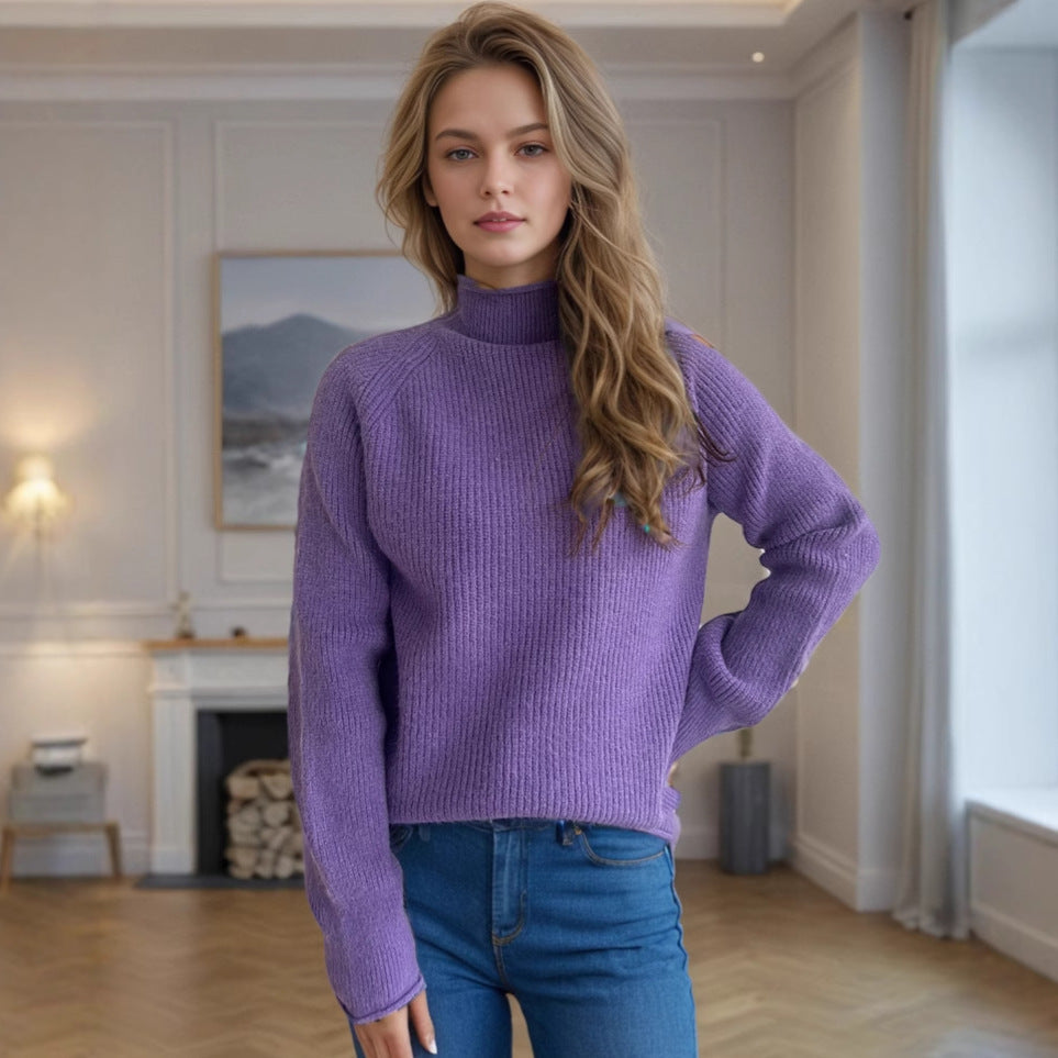 Women Clothing Winter Keep Warm Solid Color Sweater Half Turtleneck Slim Fit Long Sleeve Pullover Purple