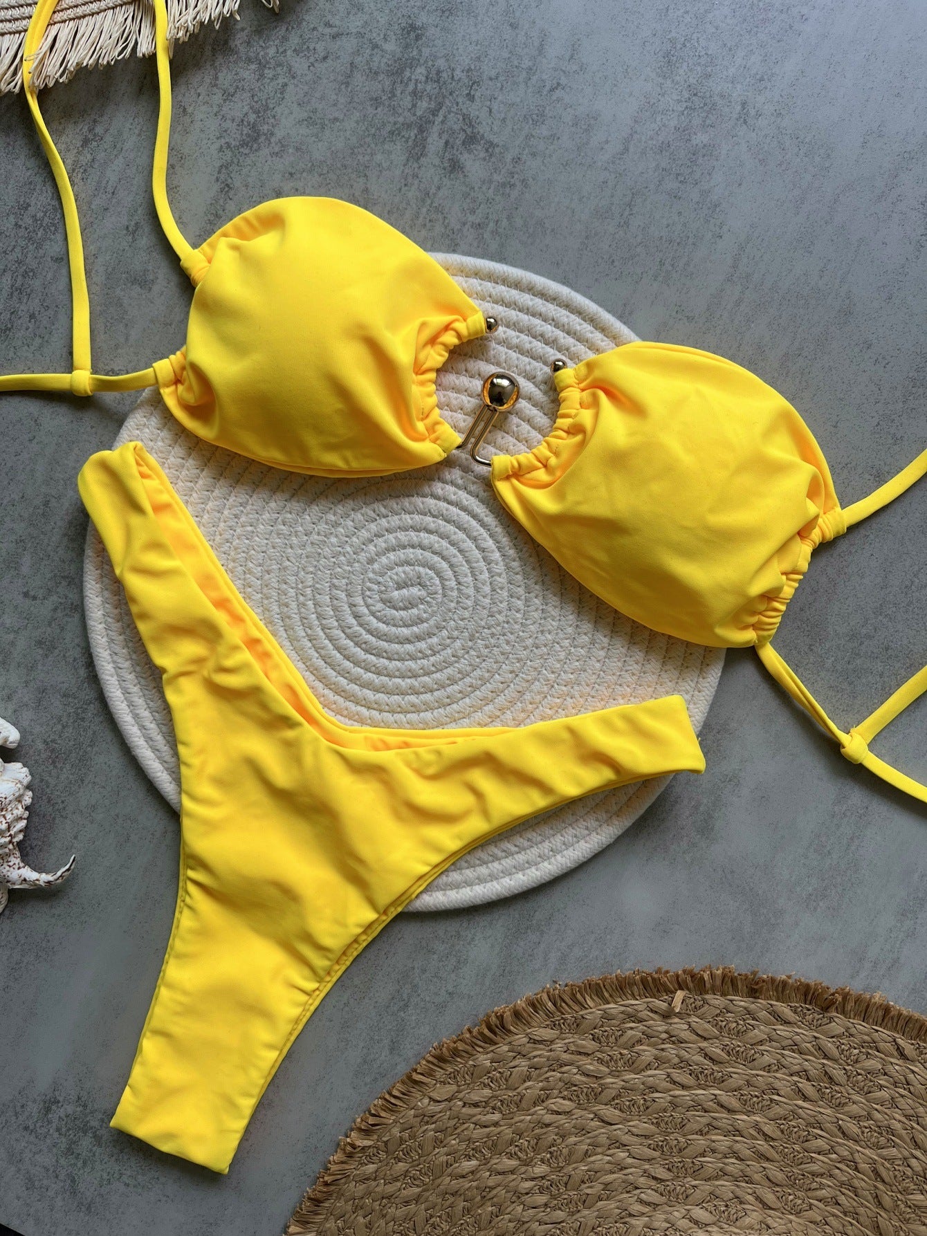 Yellow Metal Accessories Solid Color Bikini Sexy Backless Split Swimsuit Nylon Bikini Yellow