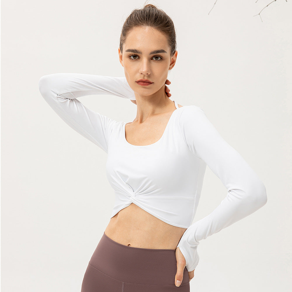 Autumn Naked Women Sense Yoga Clothes Long Sleeve with Fixed One Piece Chest Pad Square Collar High Waist Skinny Exercise Top White