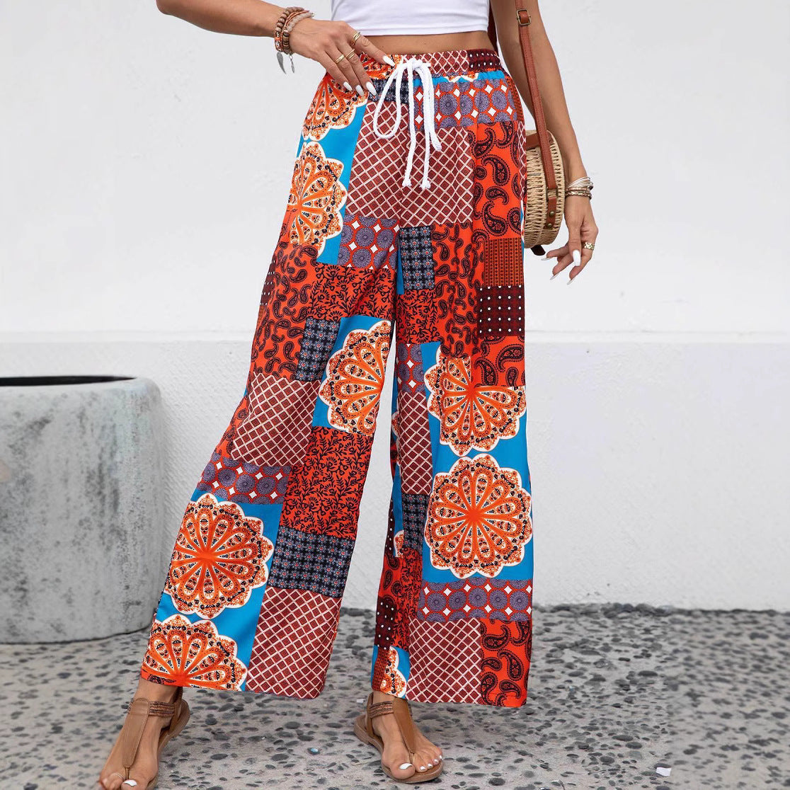 Spring Ladies Casual Elastic Waist Bohemian Printing Straight Leg Trousers