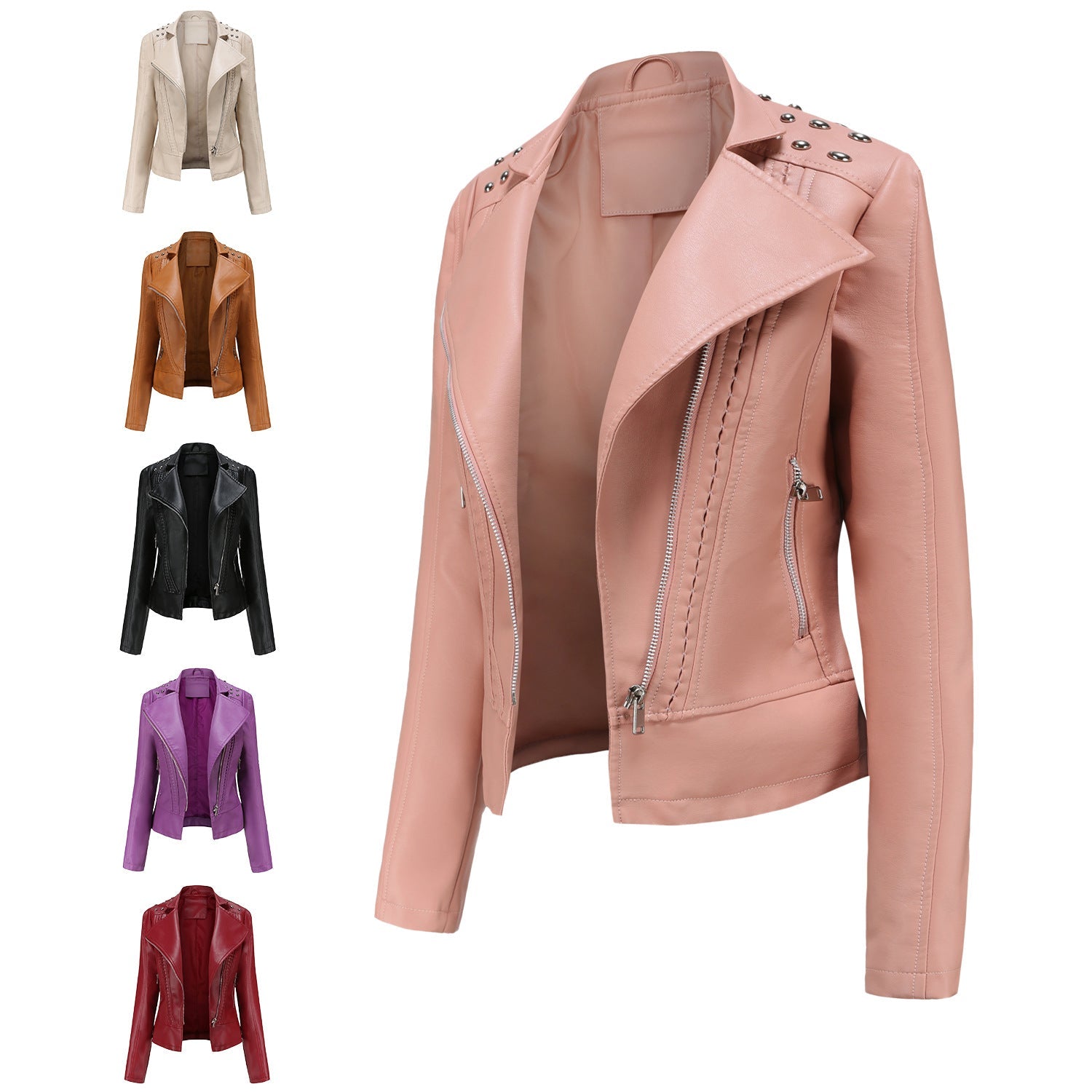 Women Rivet Leather Jacket Women Jacket Collared Motorcycle Clothing Thin Spring Autumn Women Jacket