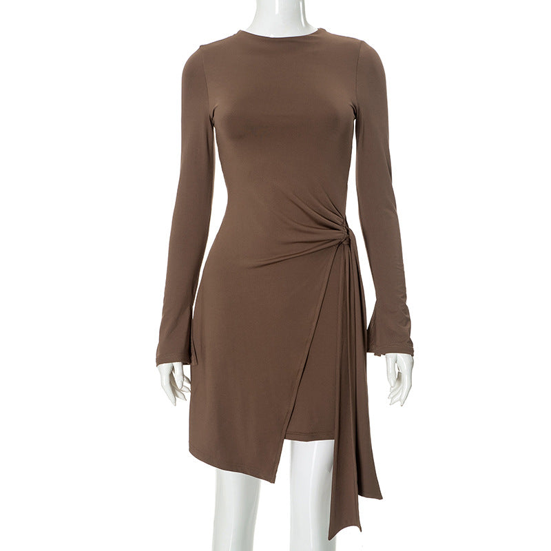 Women Clothing Solid Color round Neck Long Sleeve Side Strap Casual Short Brown