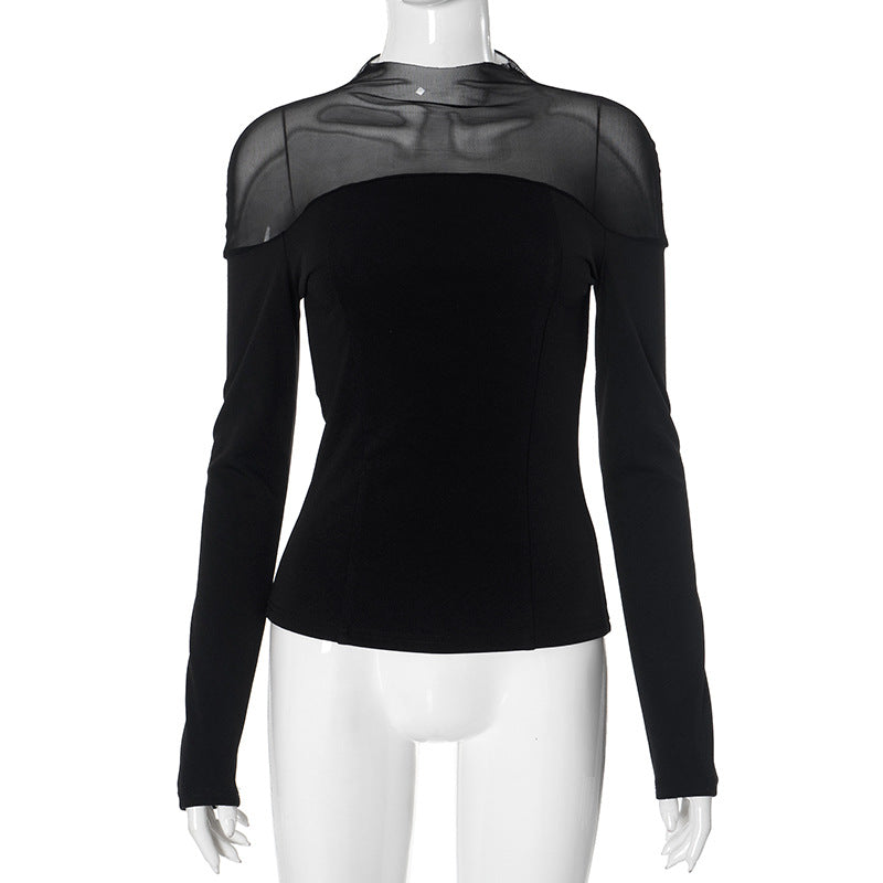 Women Clothing Mesh Stitching Slim Long Sleeve Top Sexy Exposed Skin Base Black