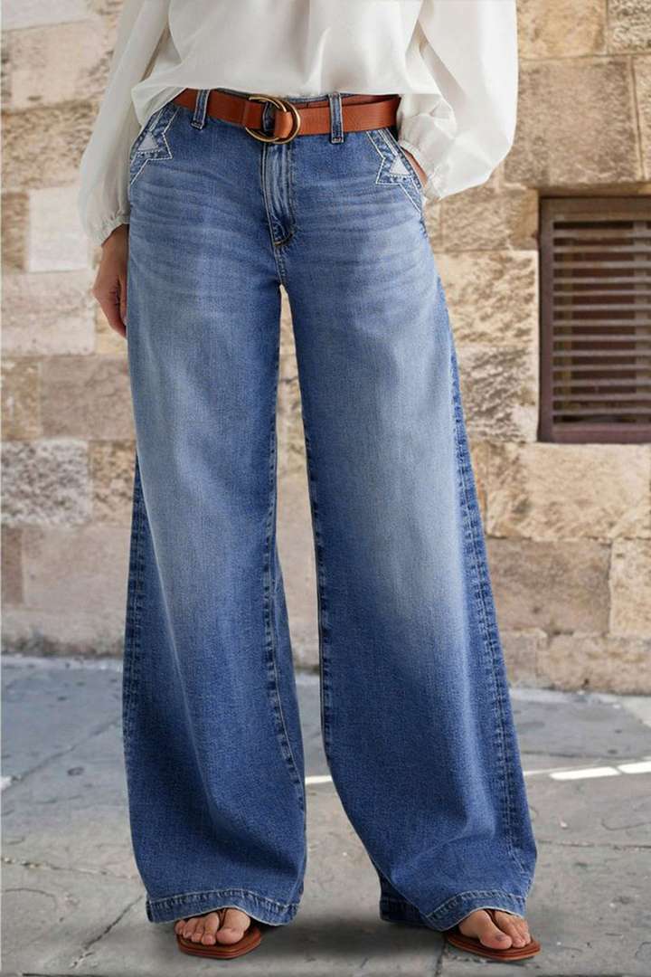 Spring Retro Wide Leg Jeans Women Embroidered Elastic Straight Pants Casual Trousers Blue