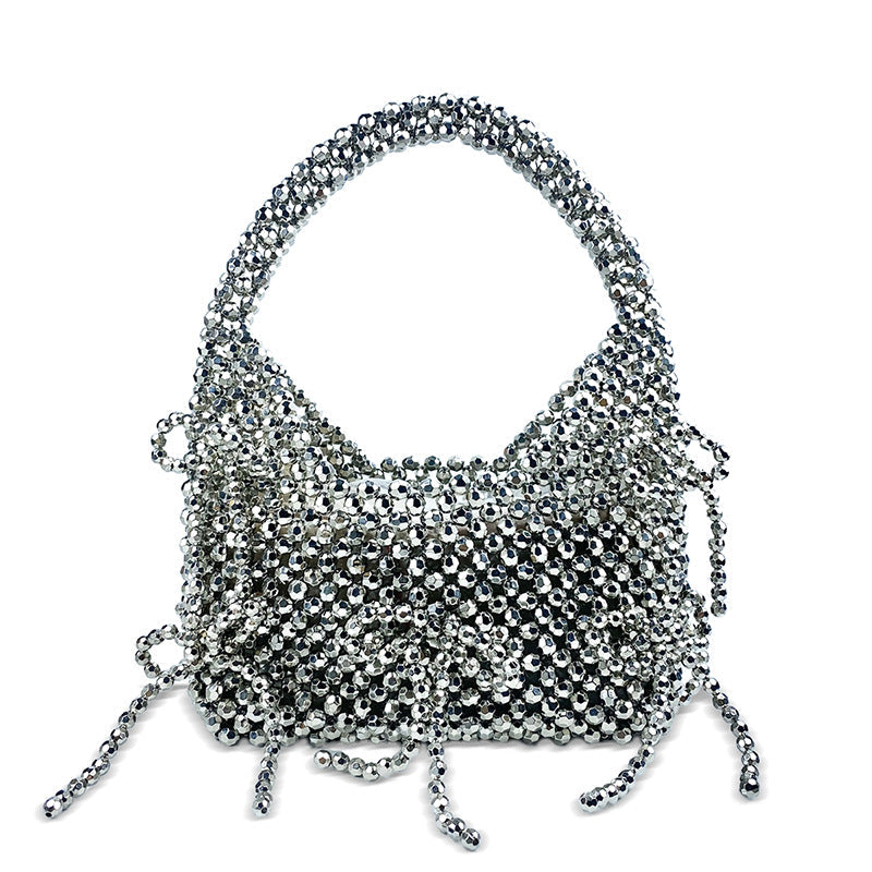 Autumn Metal Sense Silver Strap Design Hand Woven Beaded Bag Fashionable Handbag