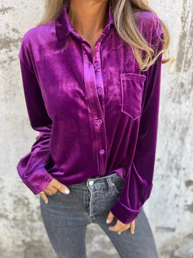 Women Fall Winter Gold Velvet Collared Shirt Purple