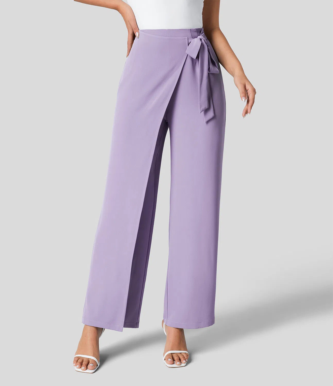 Workwear Women Work Pant Casual Texture Wide Leg Professional Trousers Belt Pants Lavender