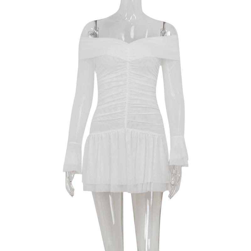 Women Clothing off Neck Long Sleeve High Waist Slimming Pleating A Line Solid Color Dress White