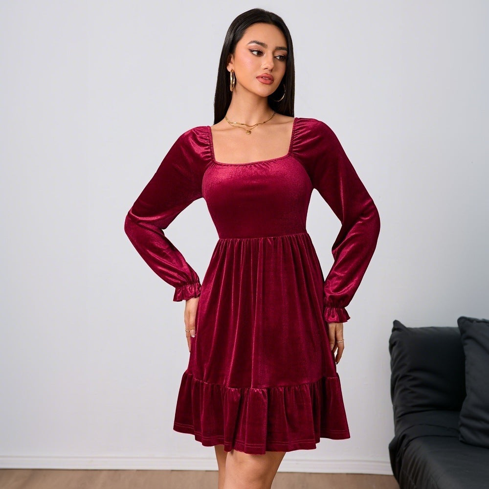 Women Clothing French Velvet Wine Red Dress Autumn Winter Midi Dress Burgundy