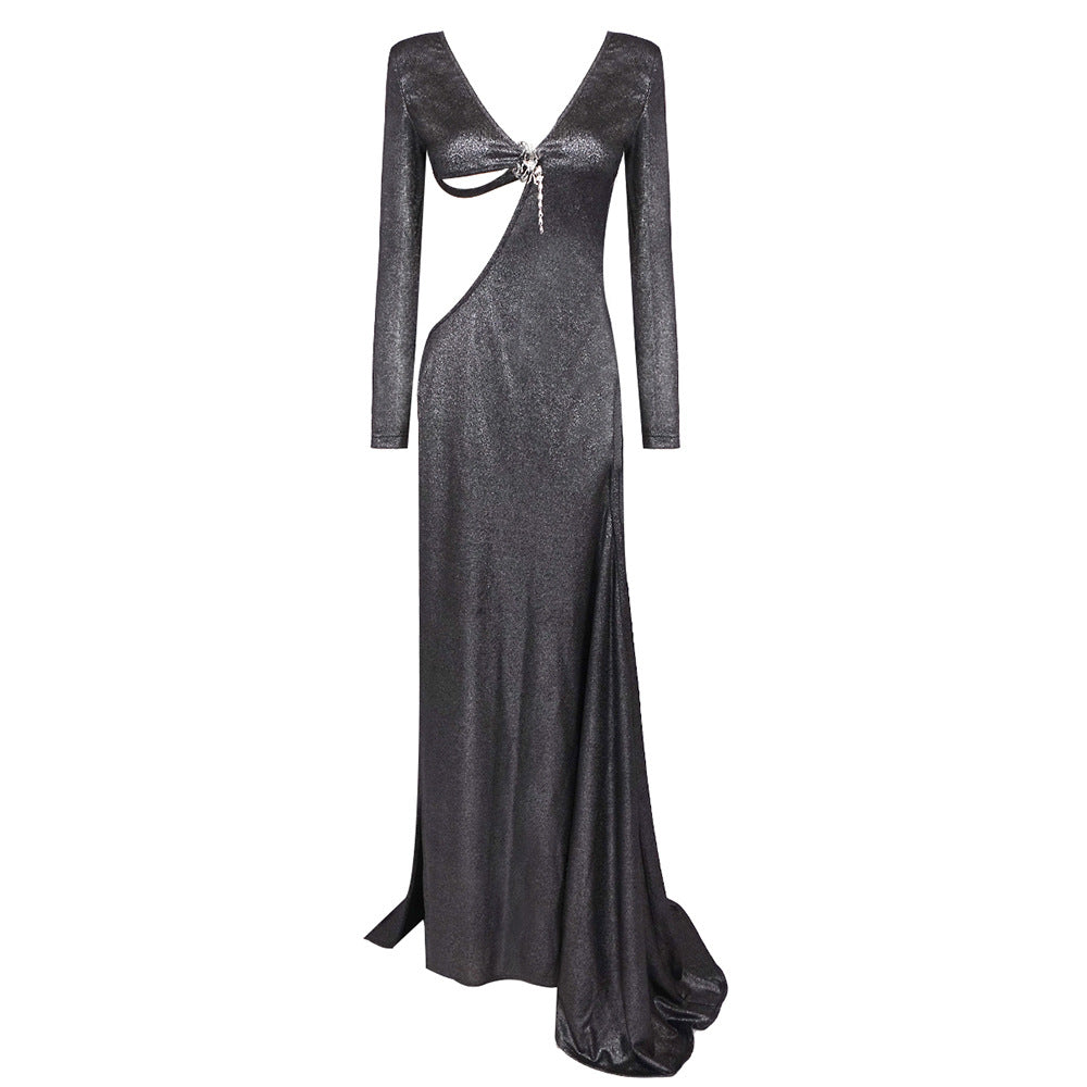 Summer Sexy Women Wear Black Long Sleeve Scorpion Backless Slit Silver Silk Dress Black