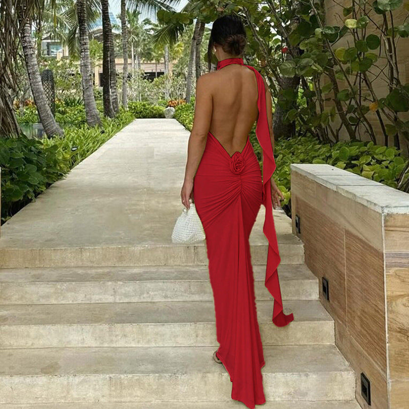 Summer Women Clothing French Sexy Big Backless Maxi Dress Sexy Slim Halter Dress Red