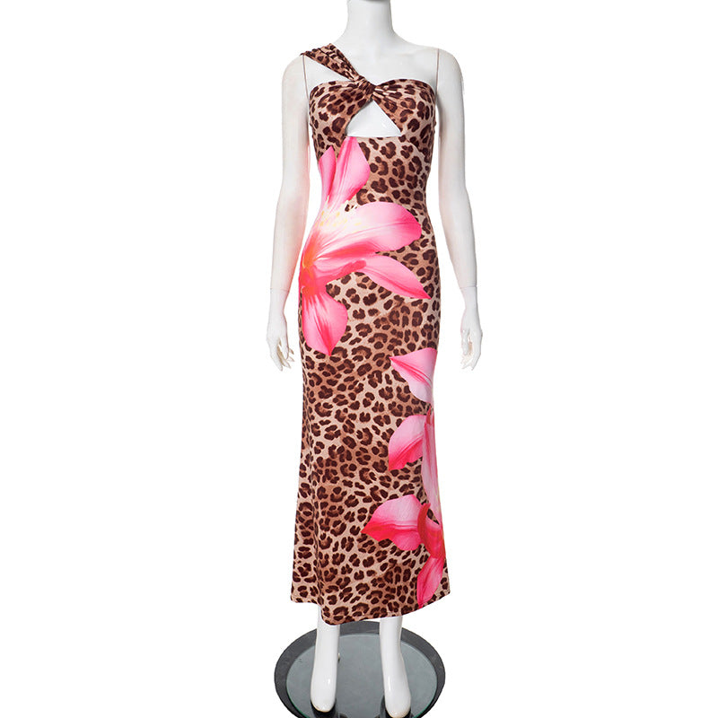 Autumn Leopard Print Hollow Out Cutout out Socialite Sexy Maxi Dress Women Clothing Leopard