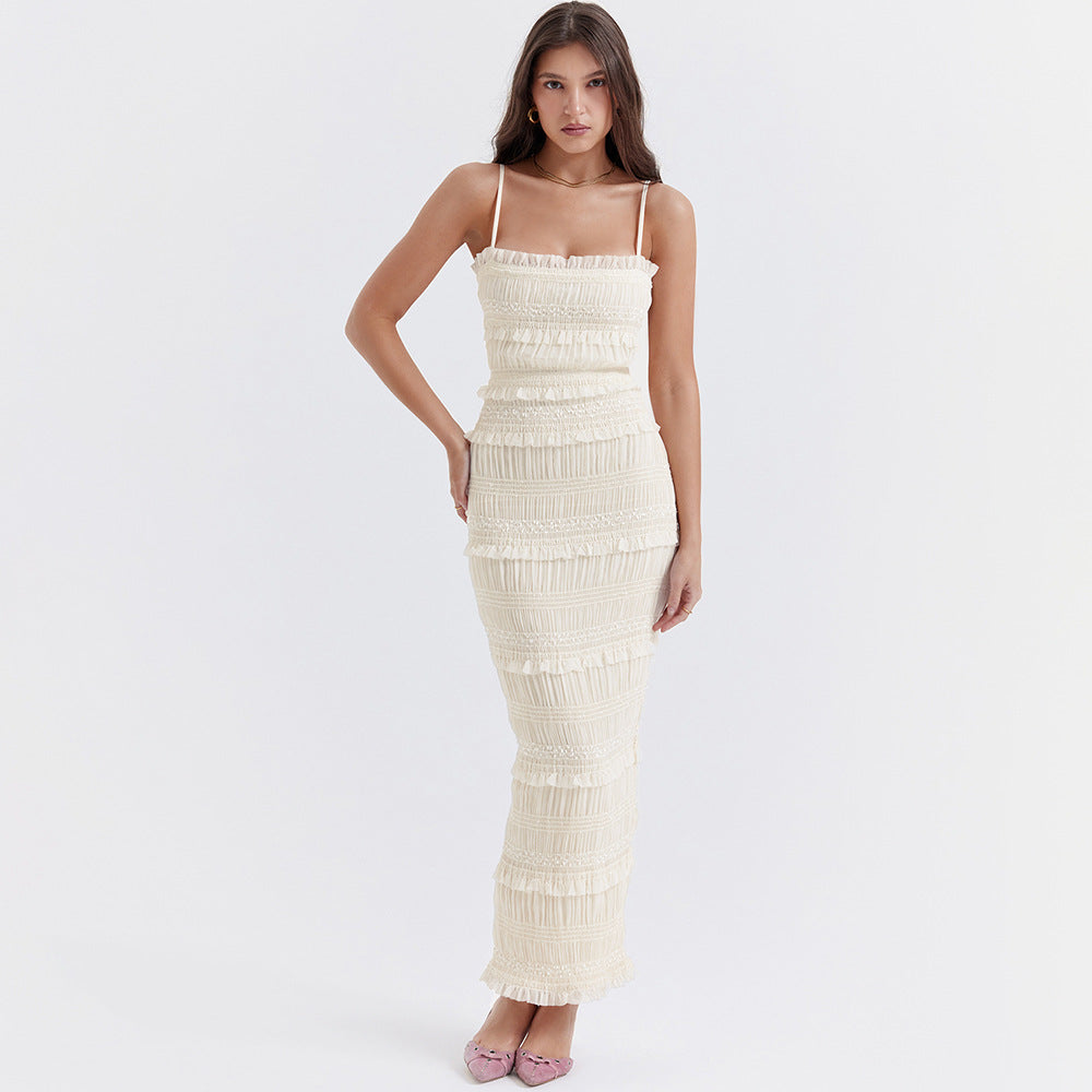 Women Dress High Elastic Sequin Lace Slim Fit Backless Maxi Dress Cami Dress Summer Women Ivory