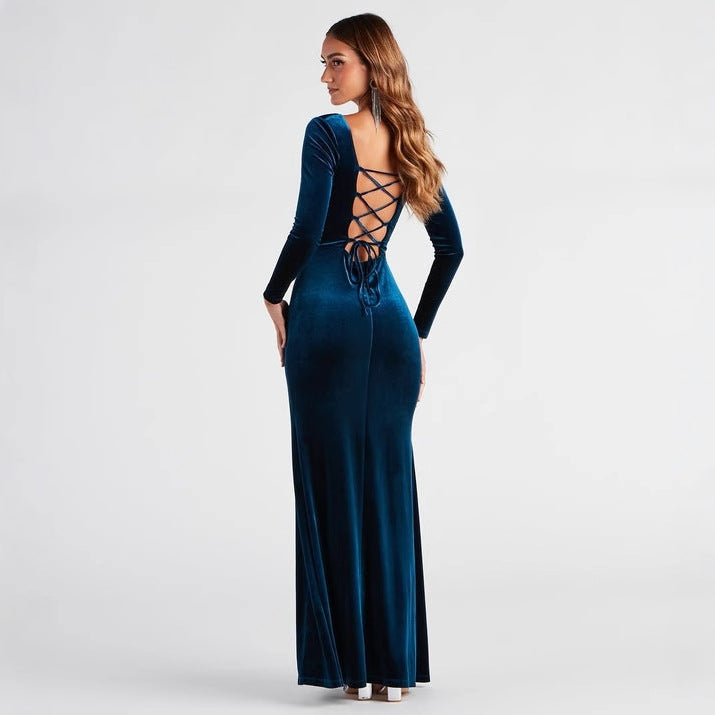 Women Clothing Long Sleeve Square Neck High Slit Thigh Solid Color Velvet Dress Cocktail Ceremony