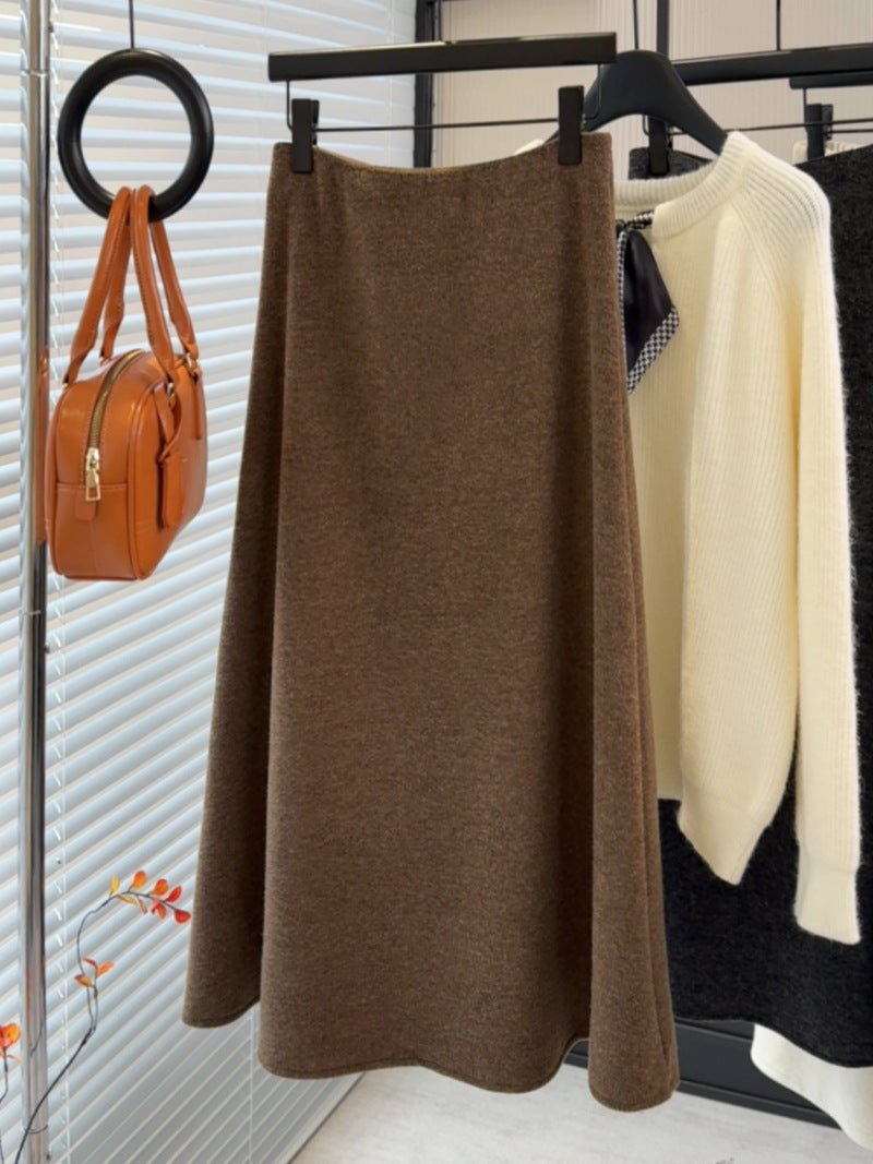 Two Color Woolen Cashmere Minimalist Skirt Women Fleece lined A line Skirt Mid Length Winter Skirt Card