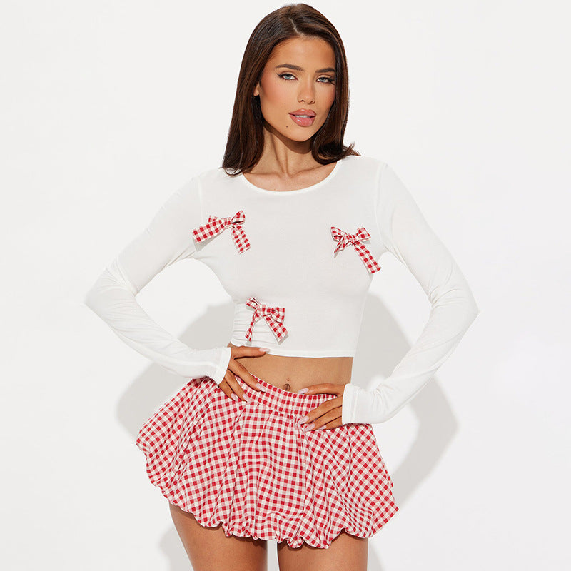 Women Clothing Plaid Bow Decorative Top Contrast Color Bud Skirt Set