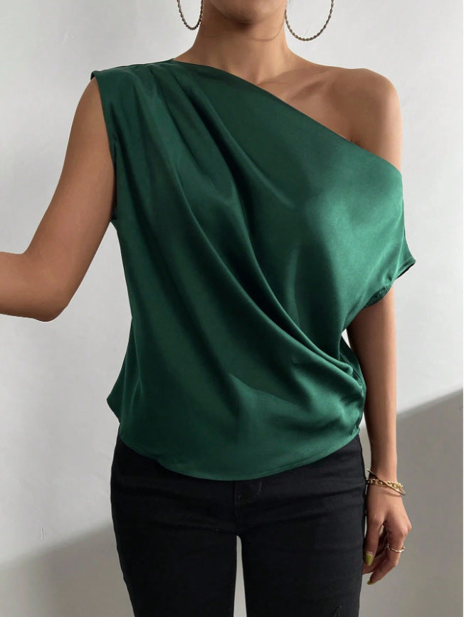 Spring Solid Color Satin Artificial Silk Irregular Asymmetric Shoulder off Shoulder Pullover Sleeveless Shirt Women Clothing blackish green