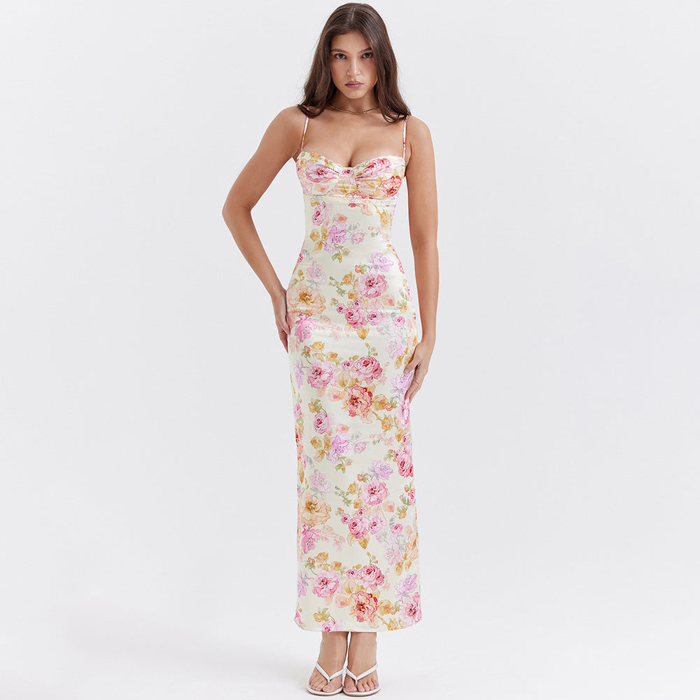 Women Clothing Dress Printed Strap Dress Sexy Backless Slit Vacation Floral Dress for Women Ivory