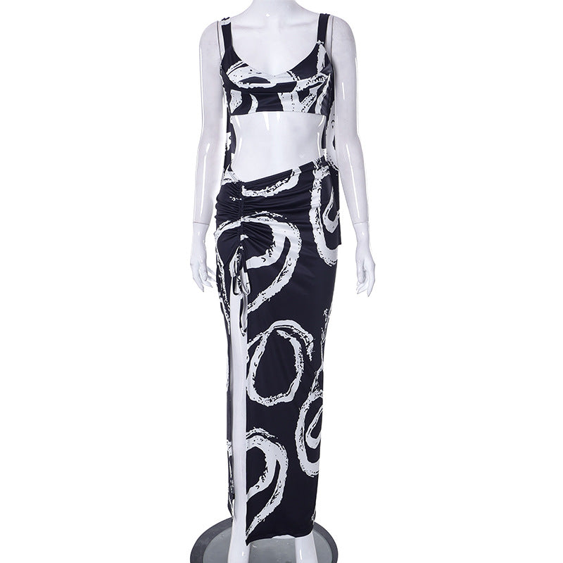 Women Clothing Spring Summer Graffiti Printing Sexy Sleeveless Corset Mid Length Skirt Set Black and White Contrast