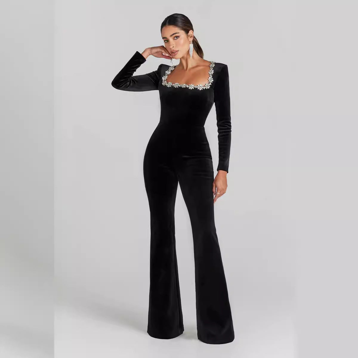 Arrival Sexy with Diamond Hollow Out Cutout High Waist Slim Solid Color Jumpsuit