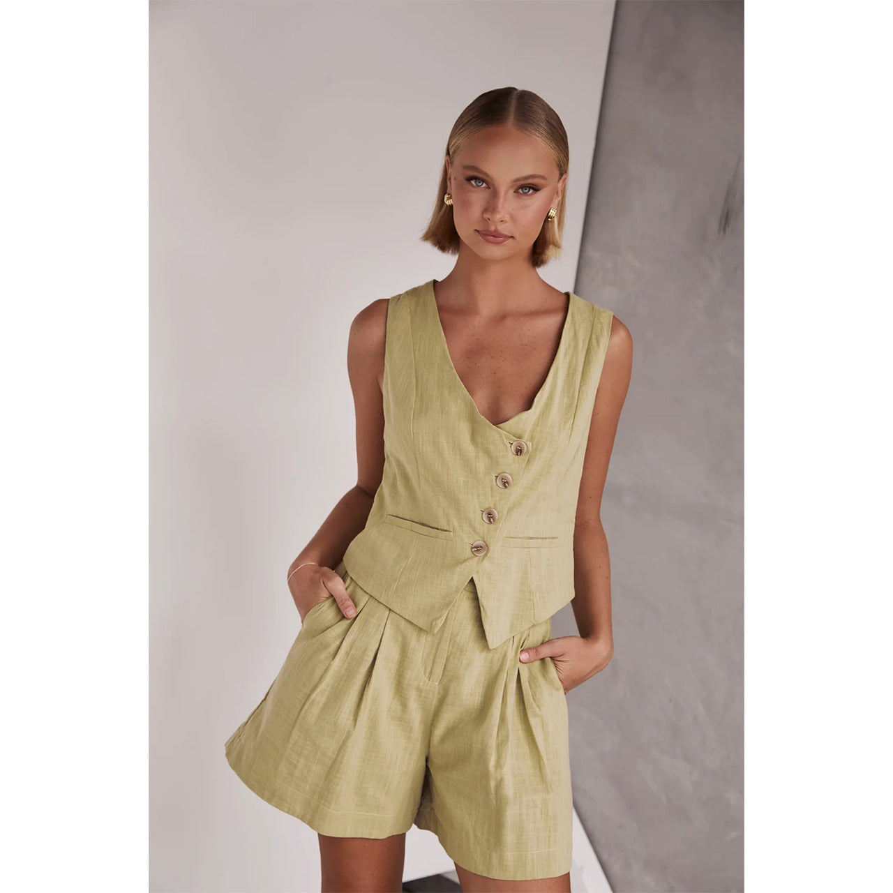 Spring Summer Casual Single Breasted Vest V Neck Shorts Suit Women