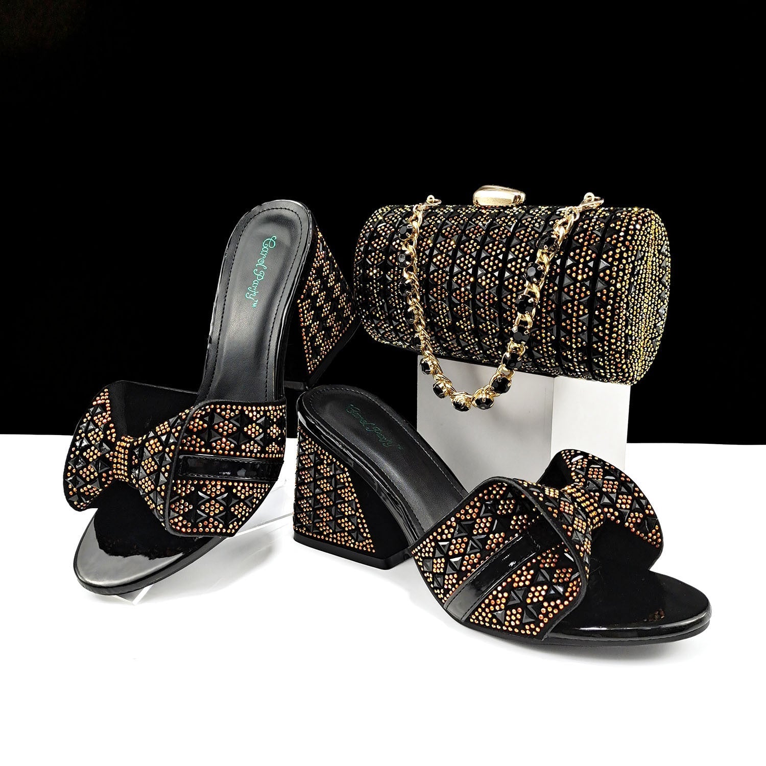 Women Shoes Bags Two Piece Sets Summer Mouth High Heel Slippers Color Matching Rhinestone Embellished Cylindrical Bag Casual Black