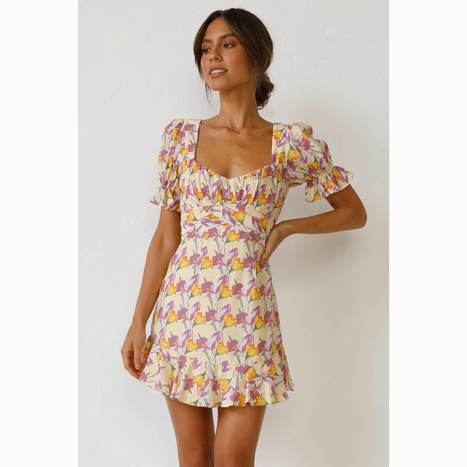 Spring Summer Digital Floral Print Fresh Sweet A- line Short Dress Apricot