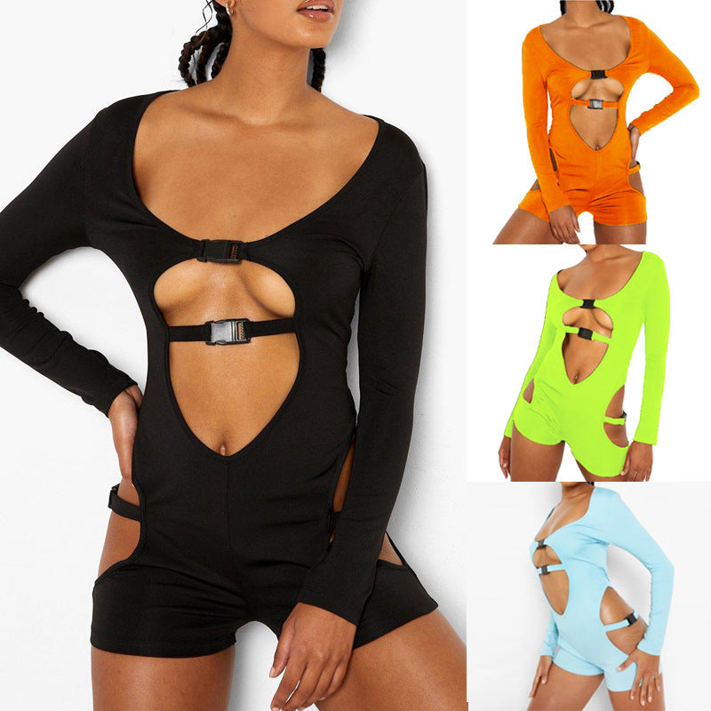 Women Sexy Hollow Out Cutout Release Buckle Hollow Out Cutout out Long Sleeve Casual Romper