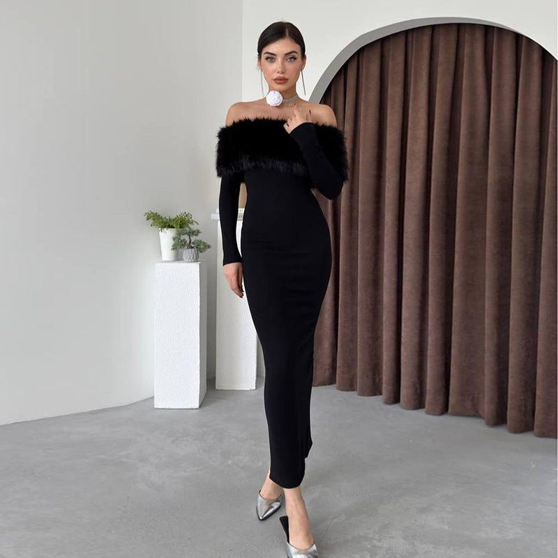 Autumn Maxi Dress Elegant off Shoulder Fur Collar Slim Fit Dress Women