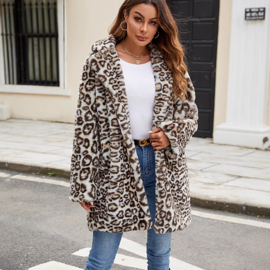 Warm Women Faux Fur Overcoat Plush Coat Cold Proof Imitation Fox Leopard Print Large