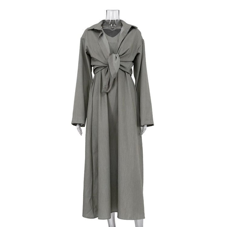 Women Clothing Loose Fitting Long Sleeves Shirt Vest Maxi Dress Two Piece Shirt Skirt Set Gray