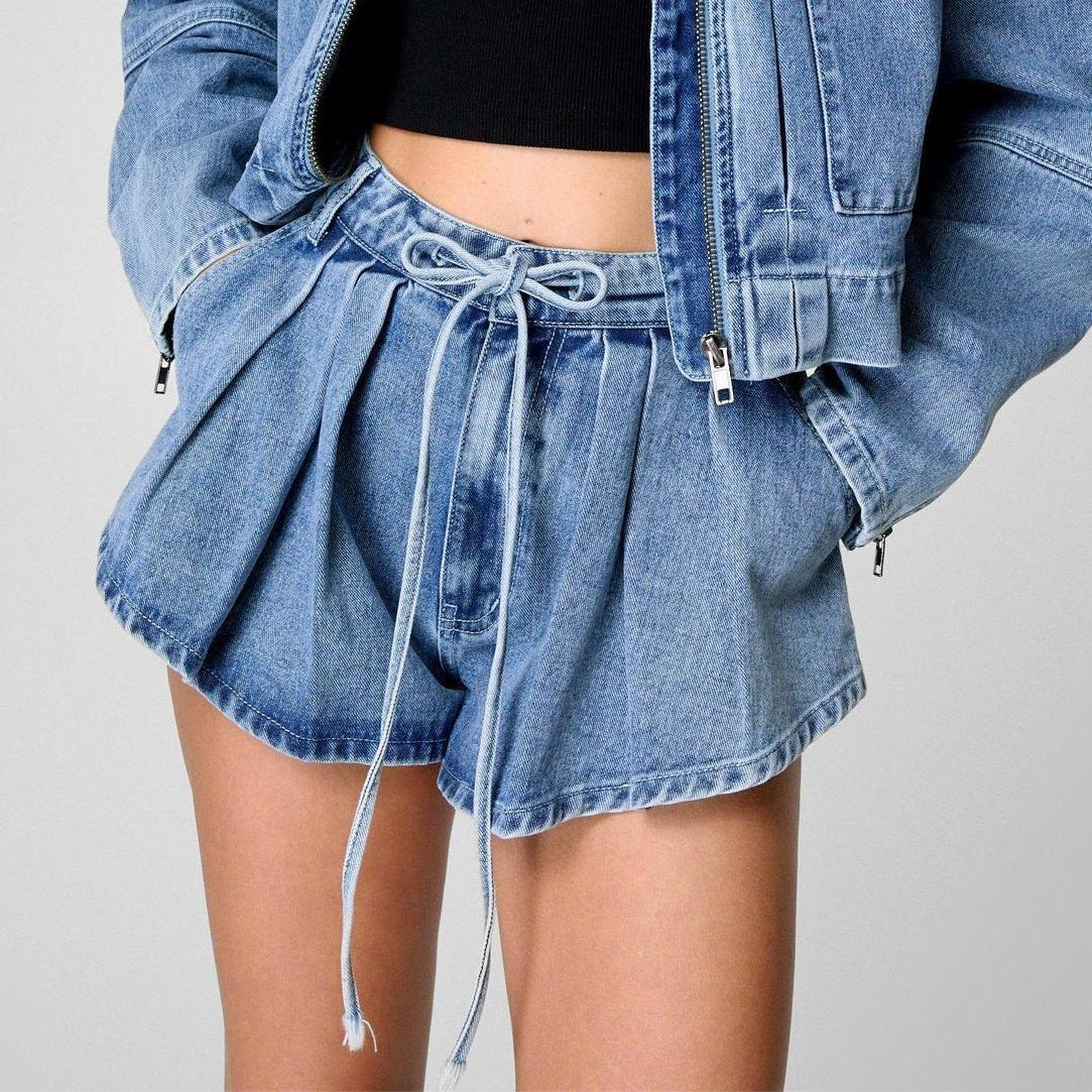 Spring Long Sleeve Denim Coat Women Loose Casual Multi Pocket Workwear Shorts Two Piece Sets