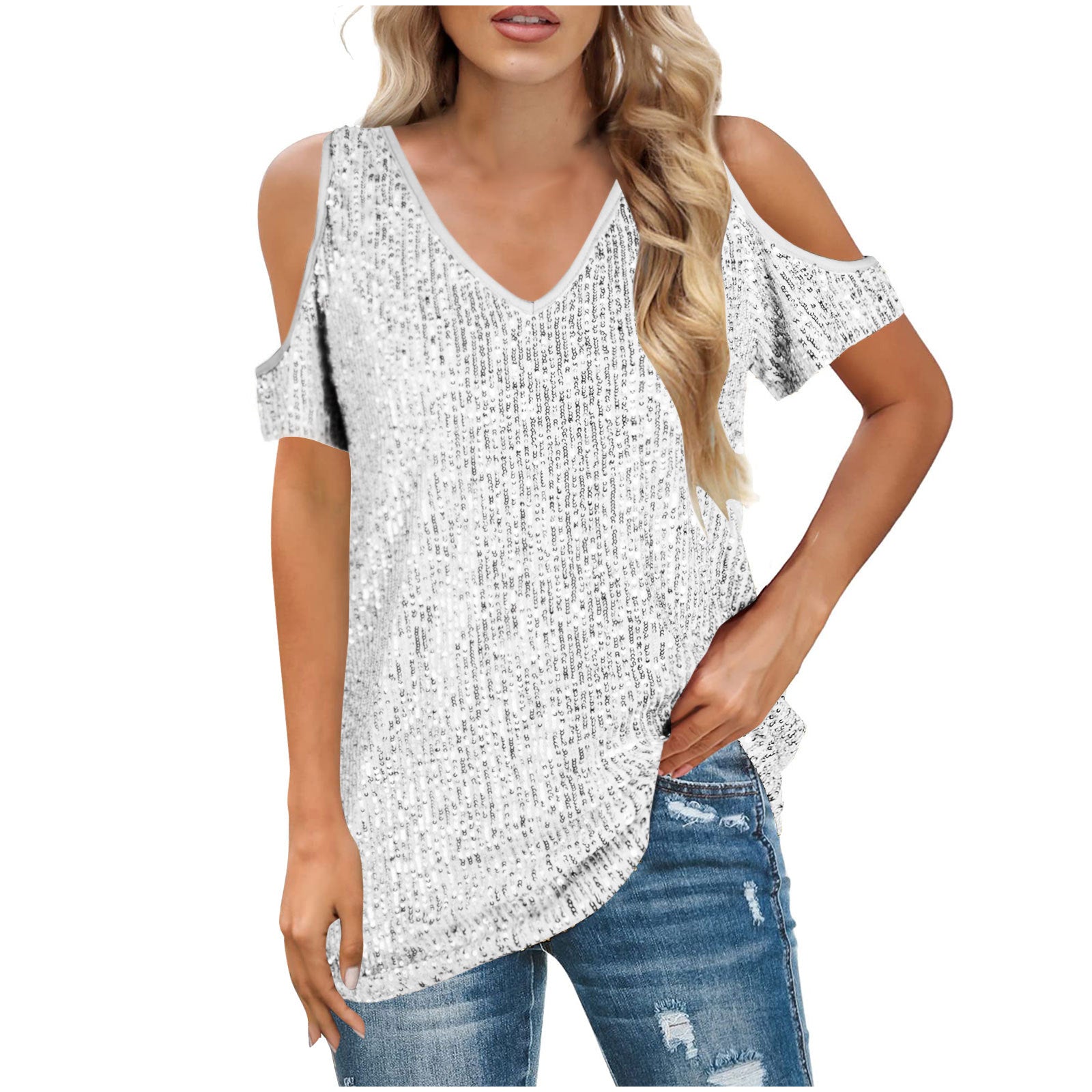 Women Short Sleeve off the Shoulder V neck Sequined T shirt Top Women