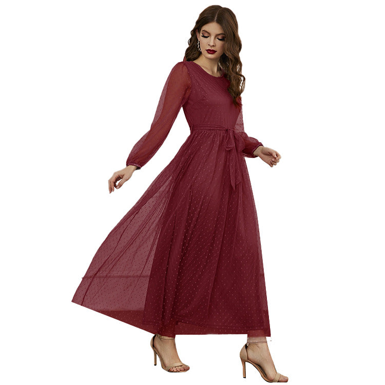 Women Clothing Autumn Winter Casual Round Neck Stitching Mesh Dress Burgundy