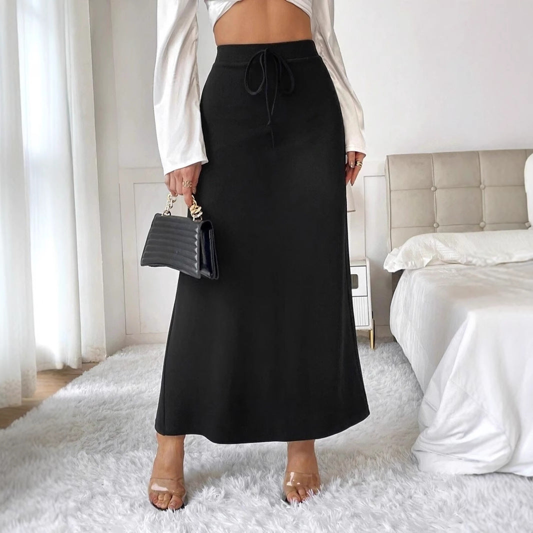 Women Clothing Popular Satin Satin Skirt Spring Autumn High Waist Lace up Long Skirt