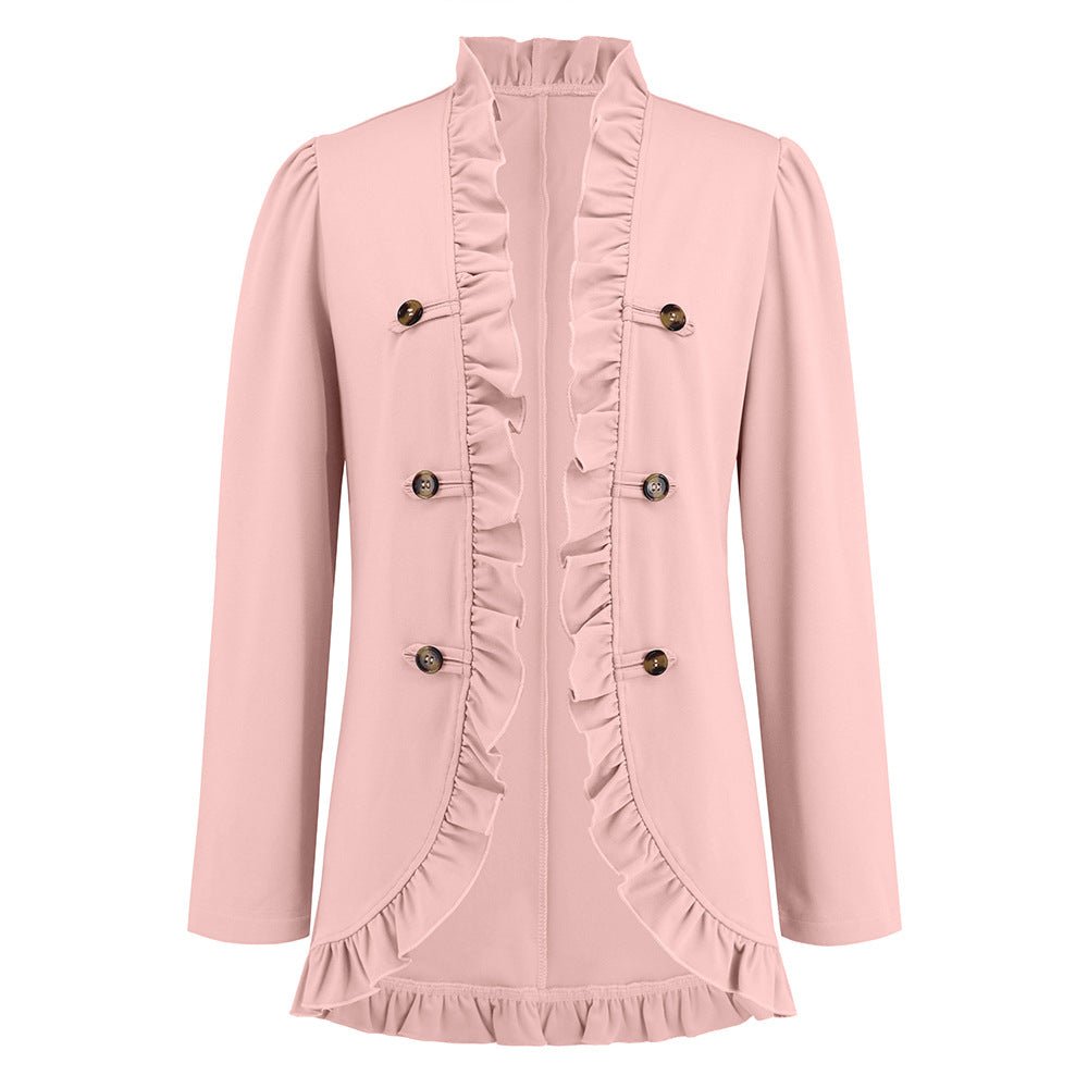 Women Ruffled Cardigan Button Small Coat Autumn Winter Long Sleeve Short Pink