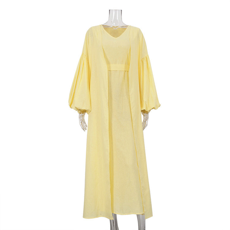 Women Clothing Spring Autumn Casual Vest Dress Puff Sleeve Solid Color Robe Suit Two Piece Set Yellow