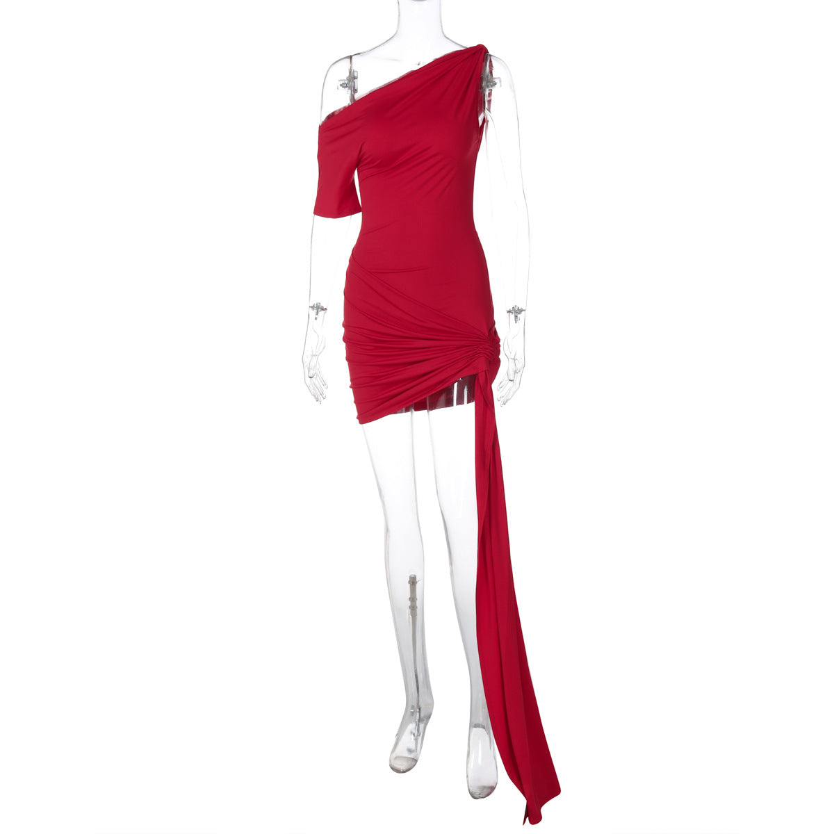 Women Clothing Spring Solid Color Sexy Oblique Shoulder Single Sleeve Asymmetric Ribbon Skinny Hip Dress Red