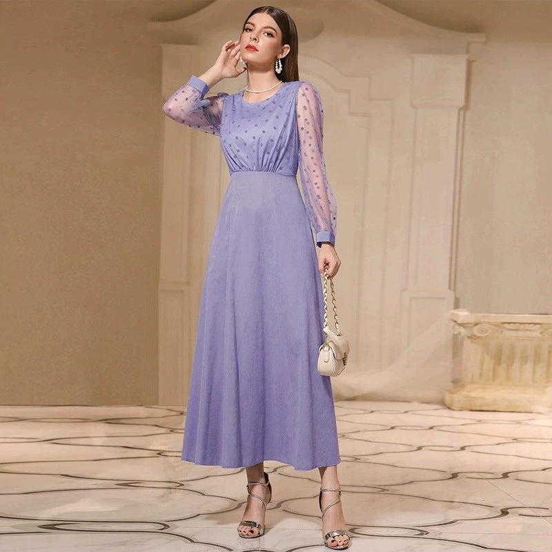 Women Clothing Autumn round Neck Long Sleeve High Waist Slim Dress