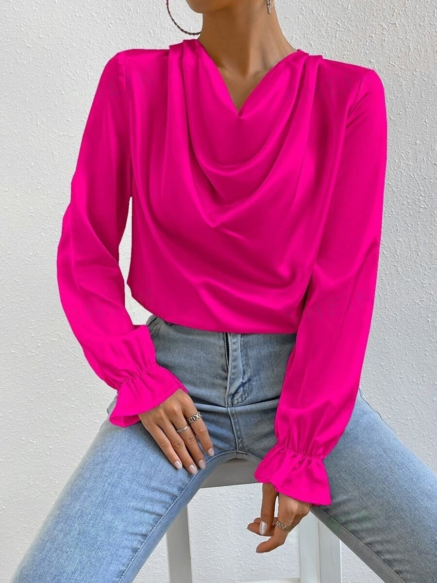 Women Clothing Ruffled Sleeve Satin Shirt Autumn Arrival Long Sleeve Satin Shirt Pink